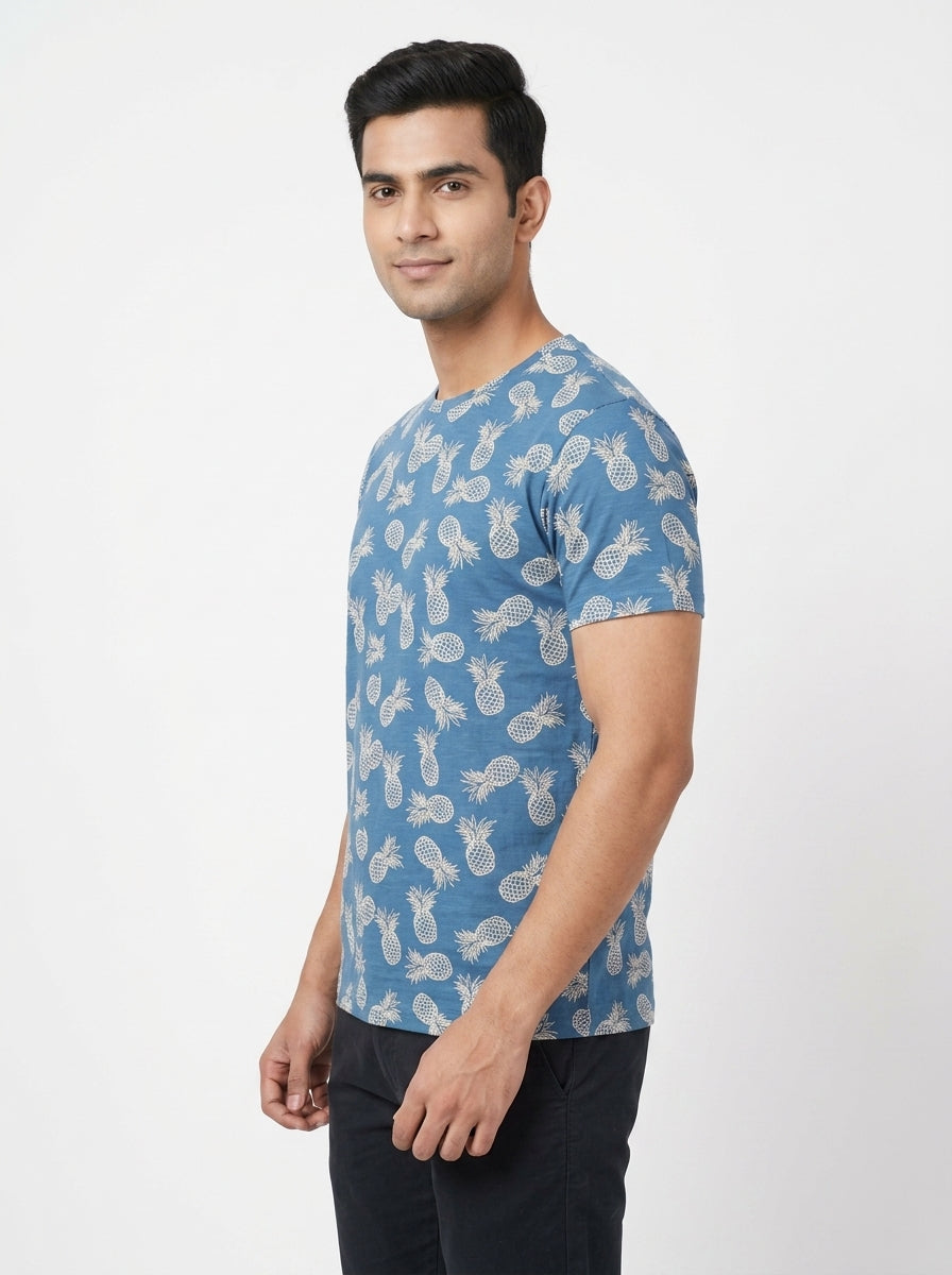 Cotton Slub Blue Pineapple Printed