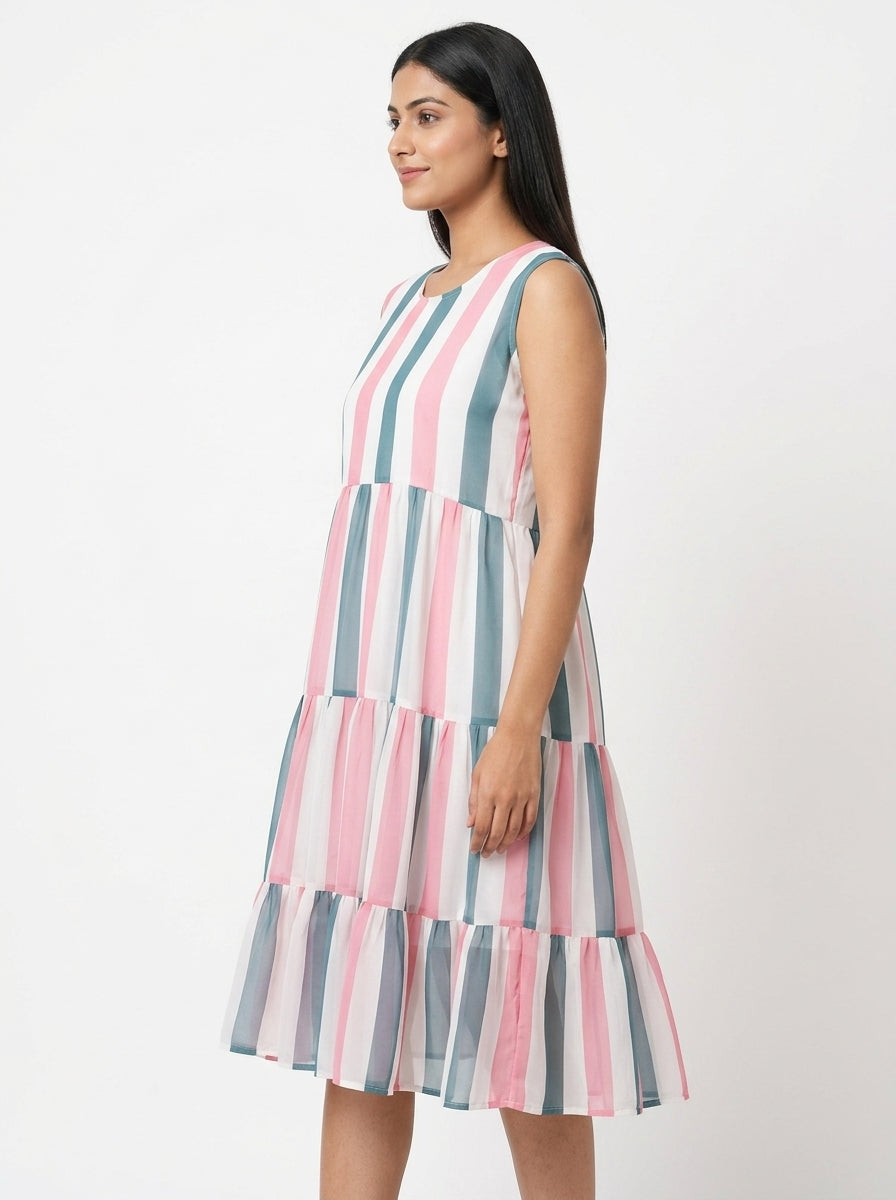 Multi-Color Striped Sleeveless Tiered Dress