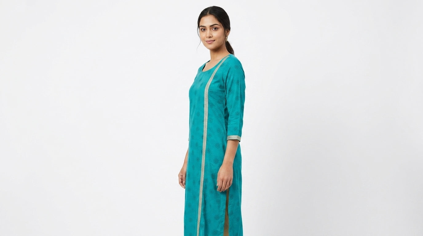 Teal Printed Straight Kurti
