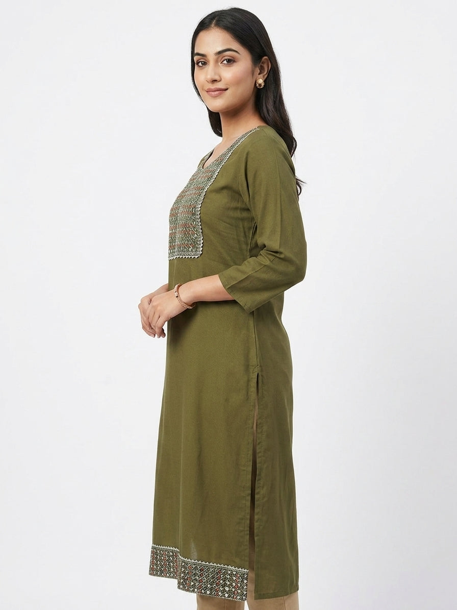 Olive Embellished Kurti with Sequin Work