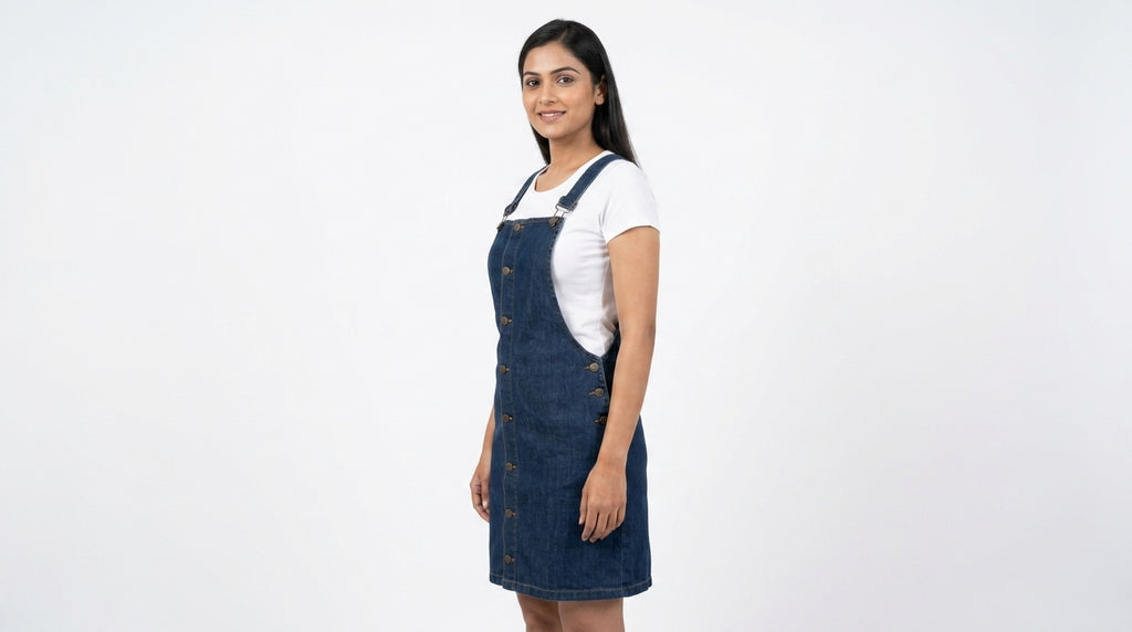 Dark Blue Denim Button-Front Pinafore Dress