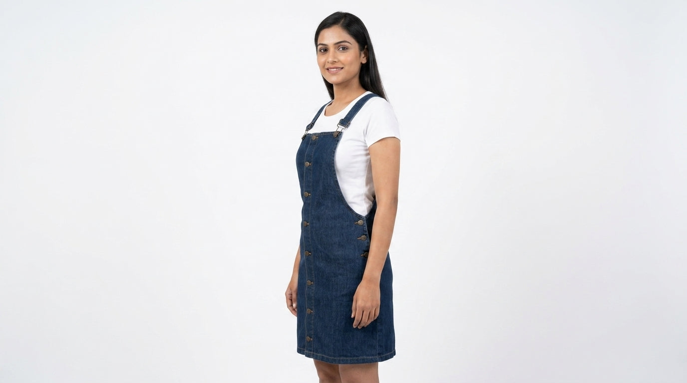 Dark Blue Denim Button-Front Pinafore Dress