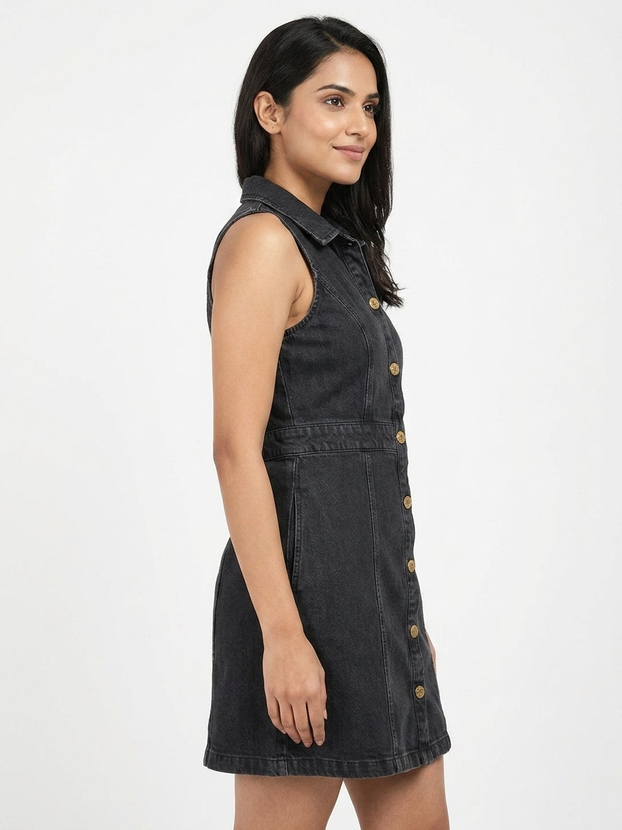Black Sleeveless Denim Button-Front Dress