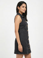 Black Sleeveless Denim Button-Front Dress