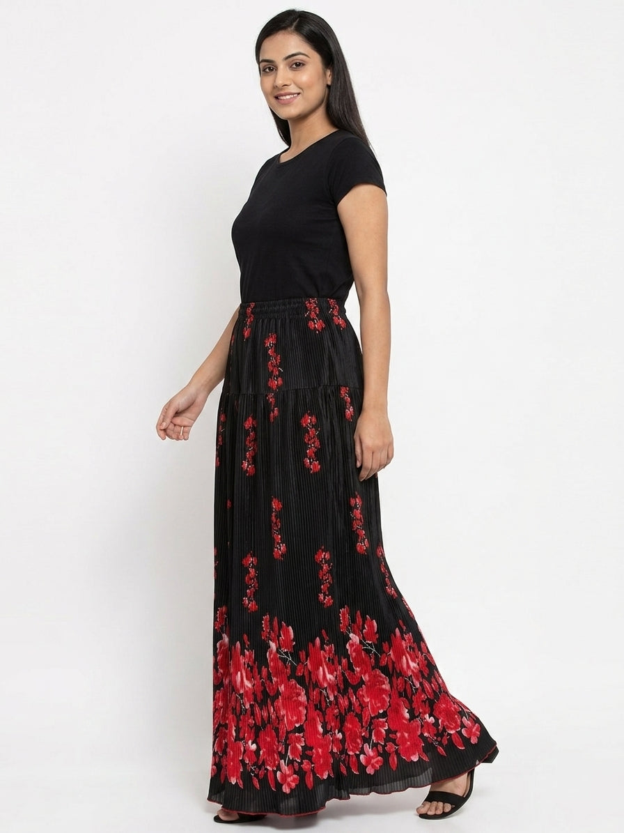 Black Floral Pleated Flared Skirt