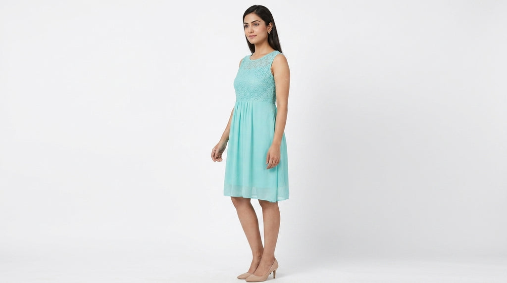 Sea Green Self Design Sleeveless A-Line Dress