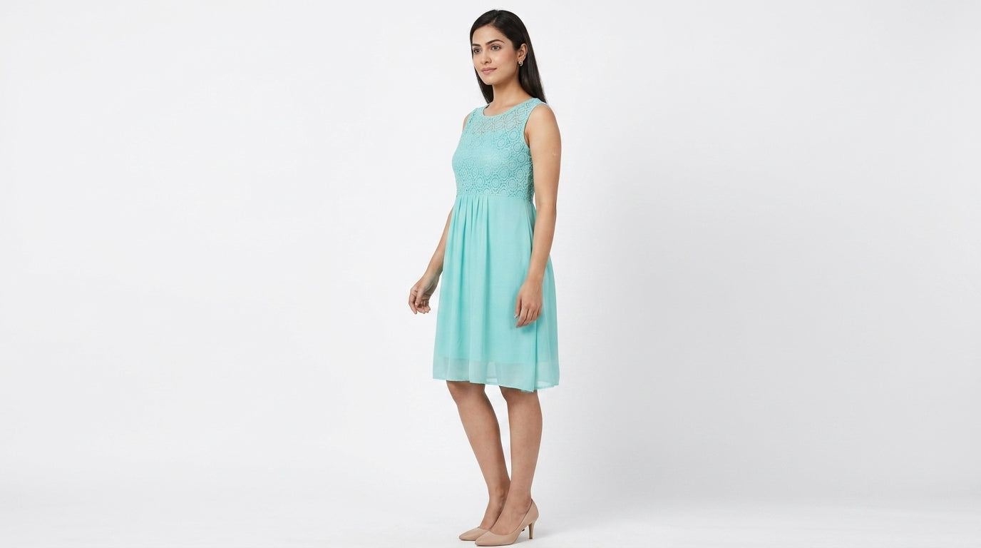 Sea Green Self Design Sleeveless A-Line Dress