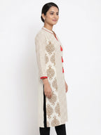 Women's Off White Printed Cotton Kurti with Red Tassels
