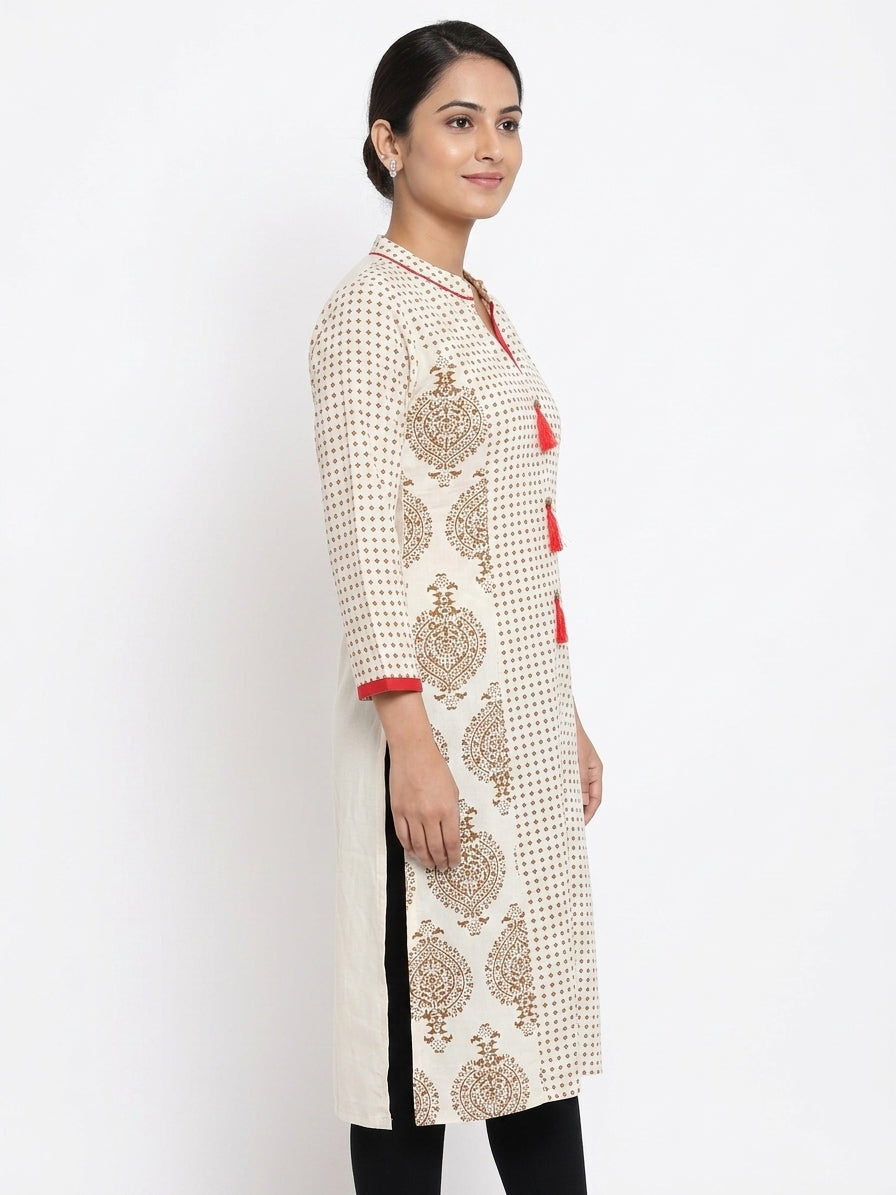 Women's Off White Printed Cotton Kurti with Red Tassels