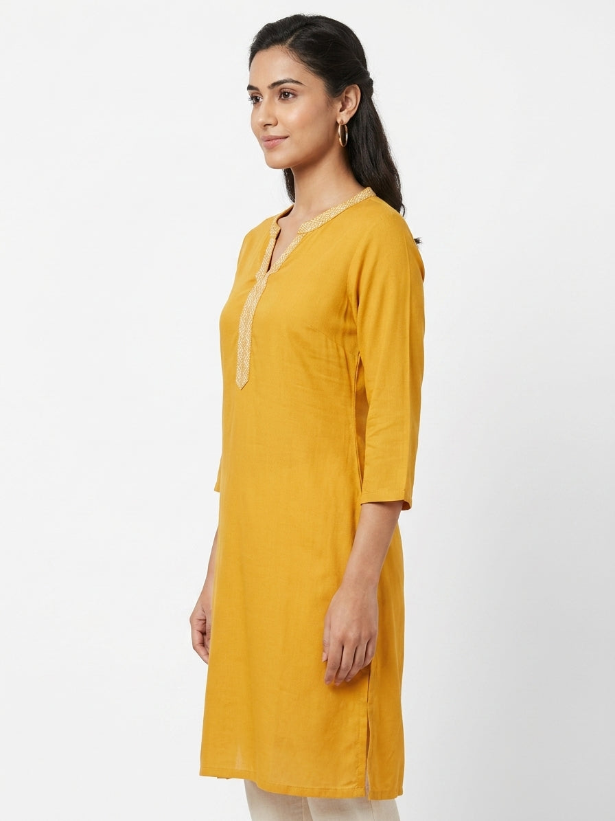 Mustard Solid V-Neck Kurta with Embroidered Neckline