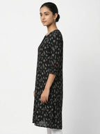 Black Printed Rayon Kurti with Red Buttons