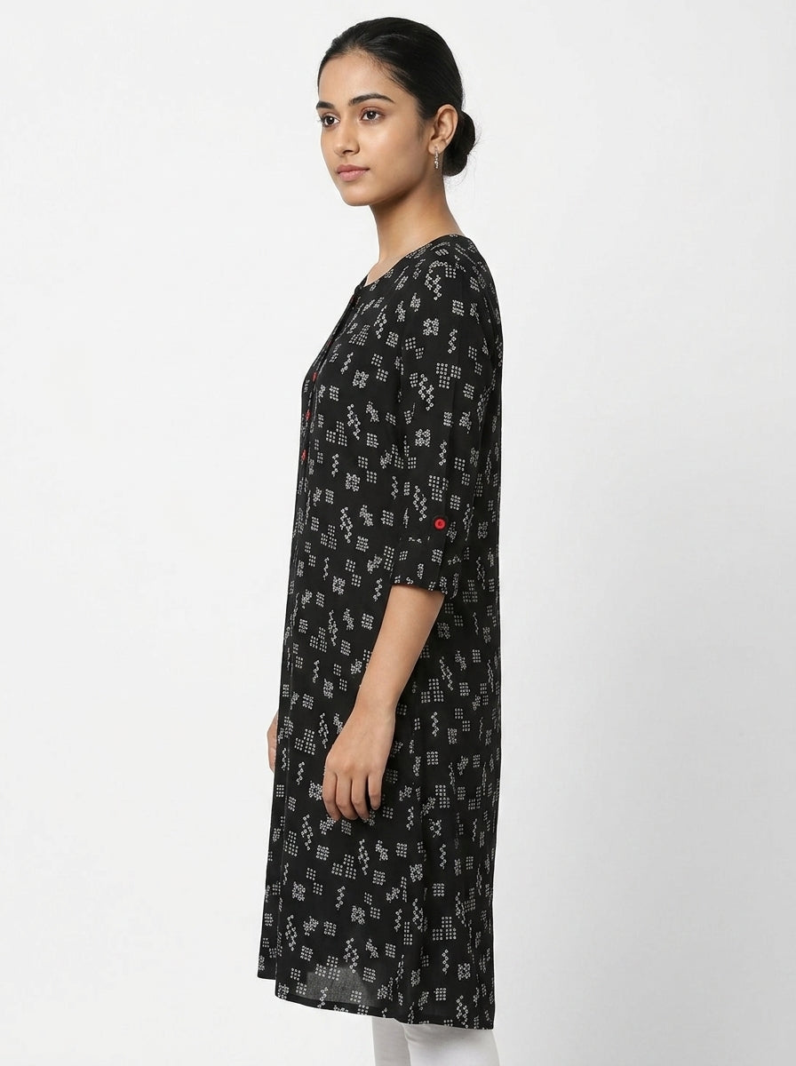 Black Printed Rayon Kurti with Red Buttons