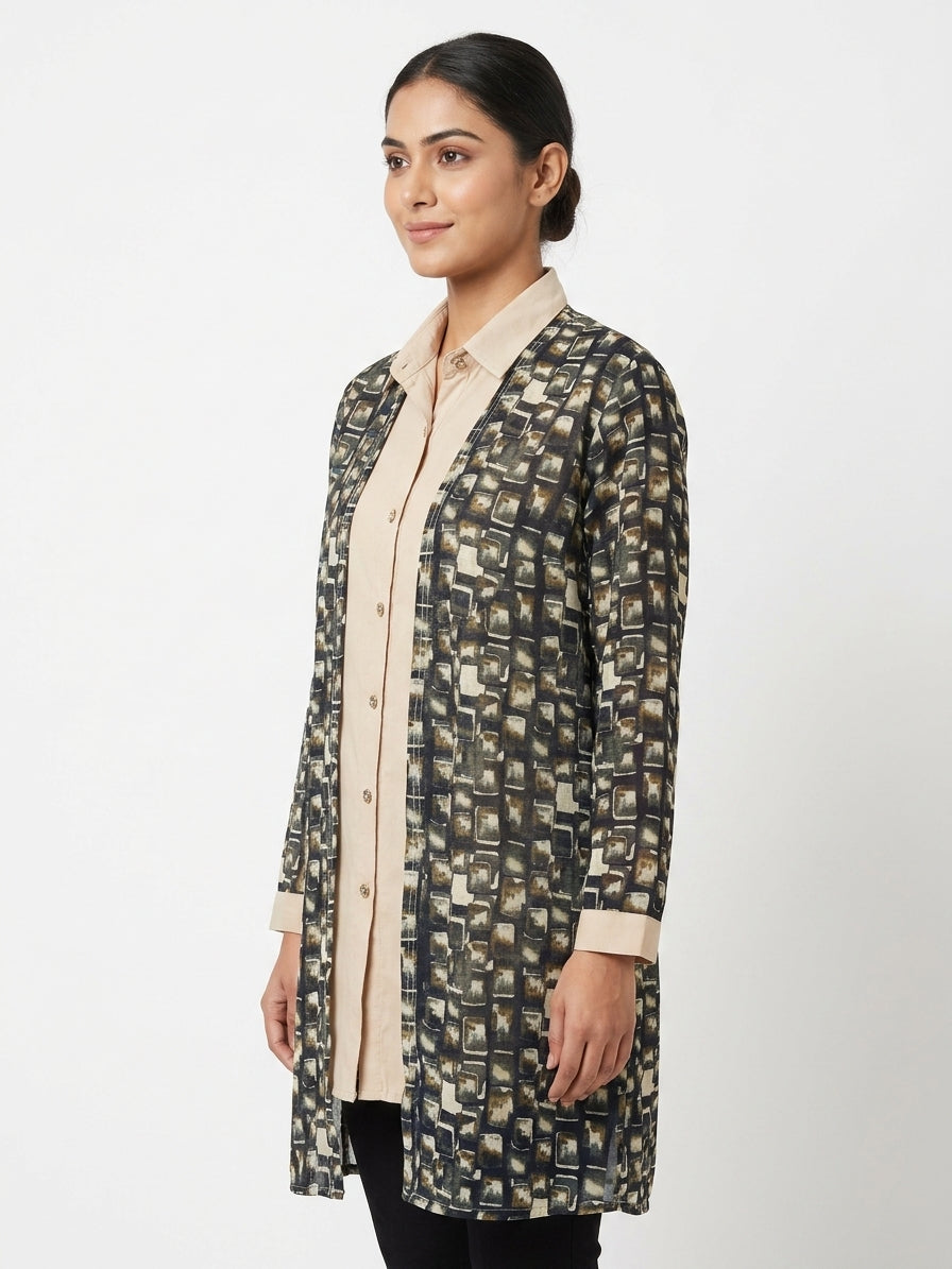 Multi-Color Abstract Print Open Front Tunic Top
