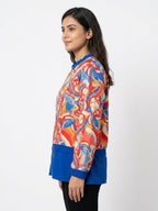 Vibrant Abstract Print Colorblock Bomber Jacket