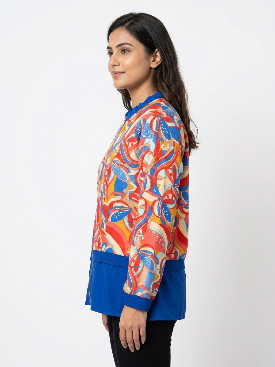 Vibrant Abstract Print Colorblock Bomber Jacket