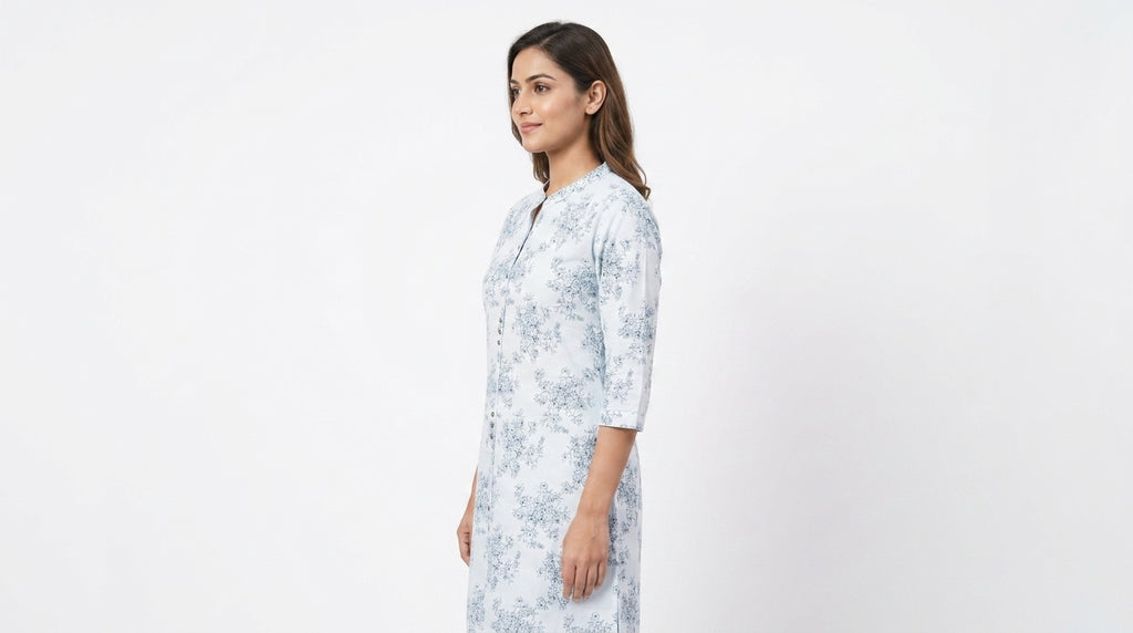 White & Light Blue Floral Printed Casual Kurti