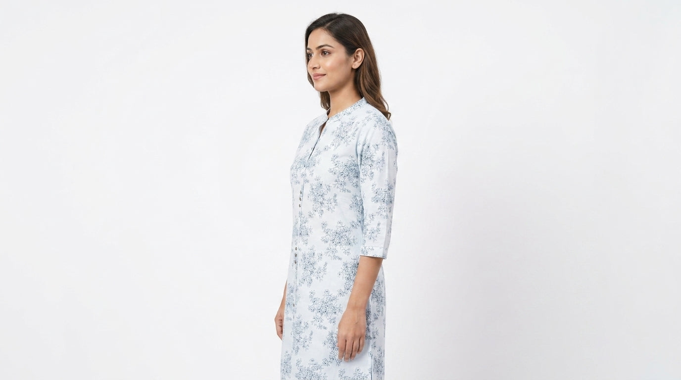 White & Light Blue Floral Printed Casual Kurti