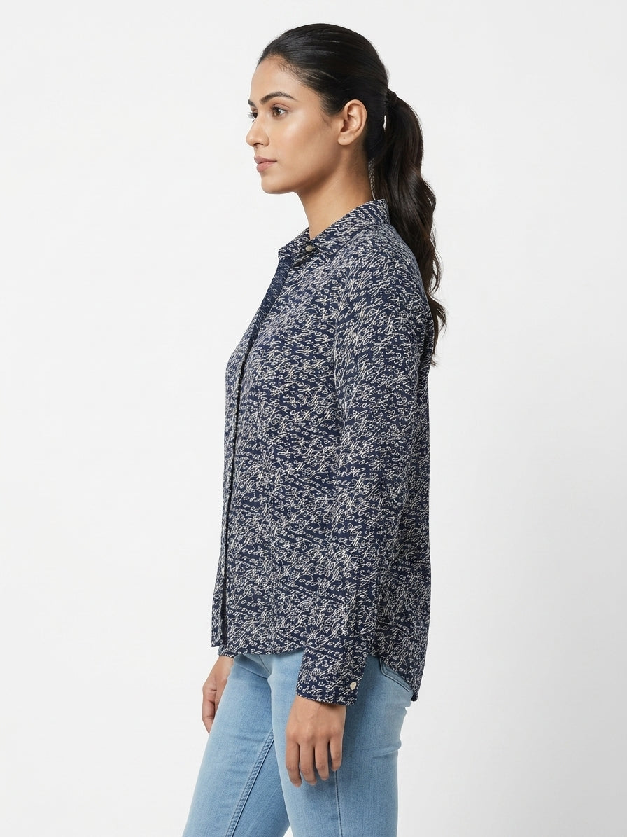 Navy Blue Script Print Casual Shirt