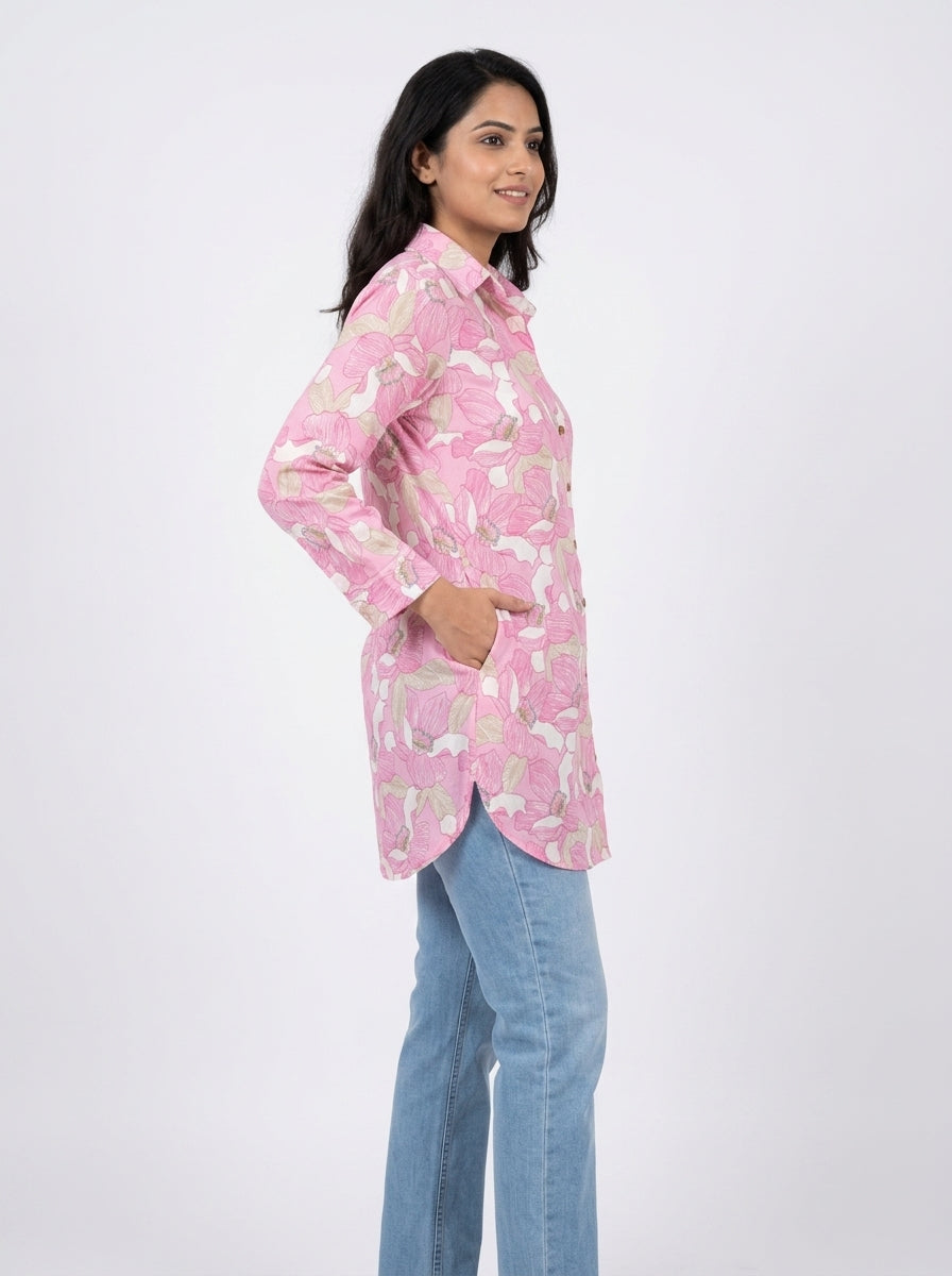 Pink Floral Printed Long Sleeve Tunic Top