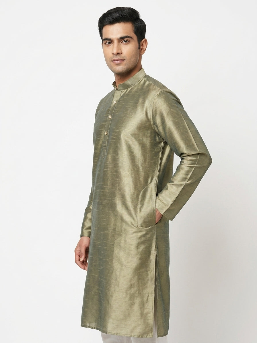 Men's Olive Solid Silk Kurta