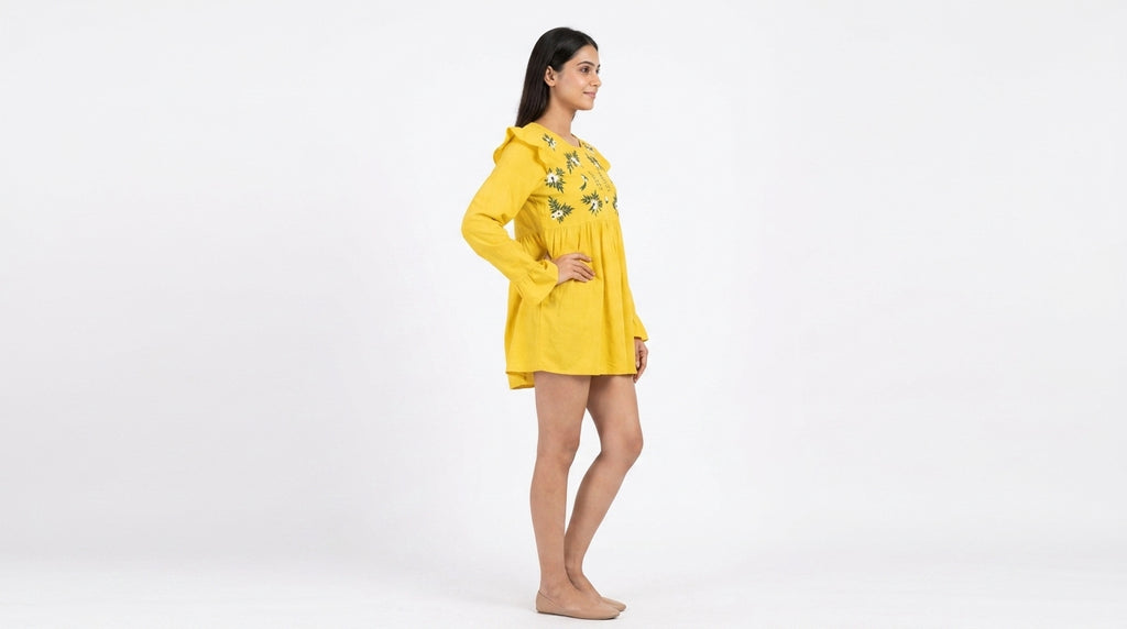 Yellow Floral Embroidered Round Neck Tunic Top