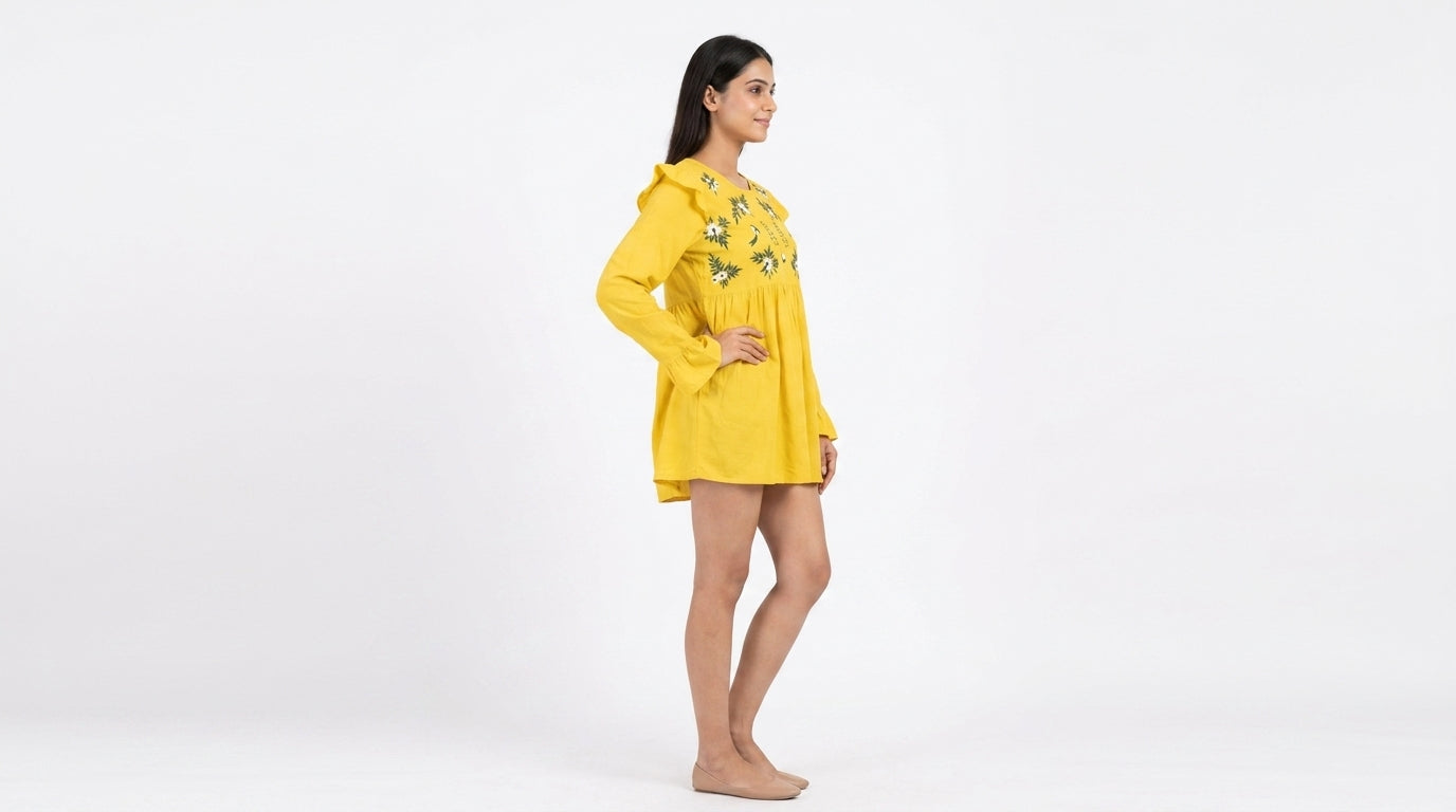 Yellow Floral Embroidered Round Neck Tunic Top