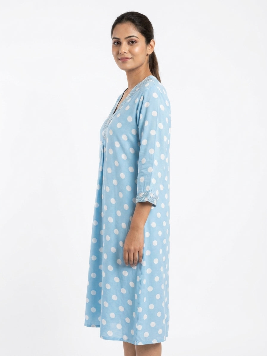 Light Blue Polka Dot Embellished V-Neck Kurti