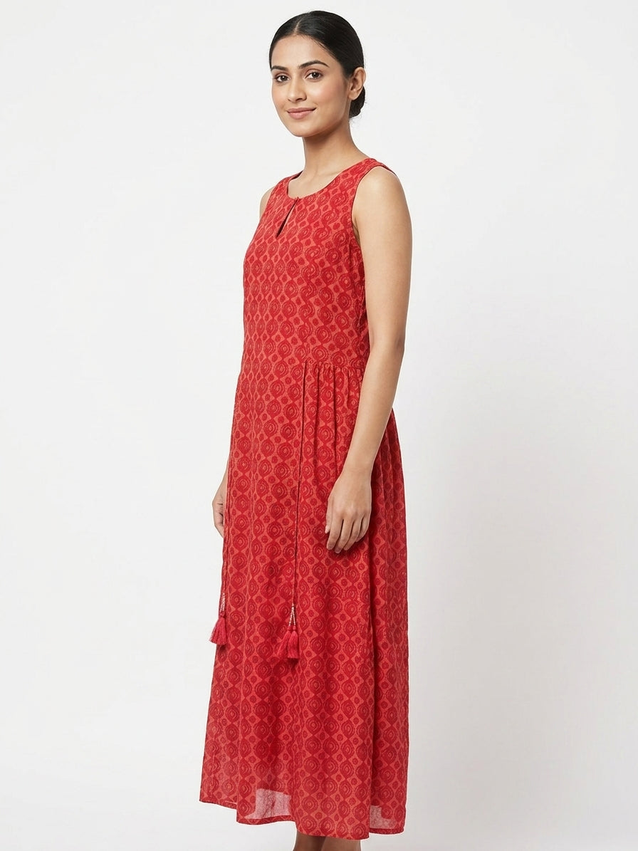 Red Ethnic Print Sleeveless Maxi Dress