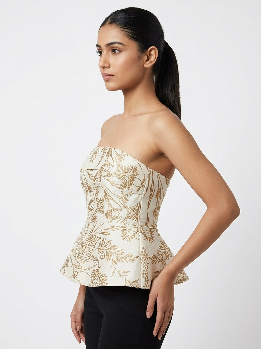 Women's Off White Botanical Print Strapless Flared Peplum Top