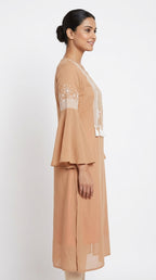 Tan Ethnic Embroidered Straight Kurti with Tassels