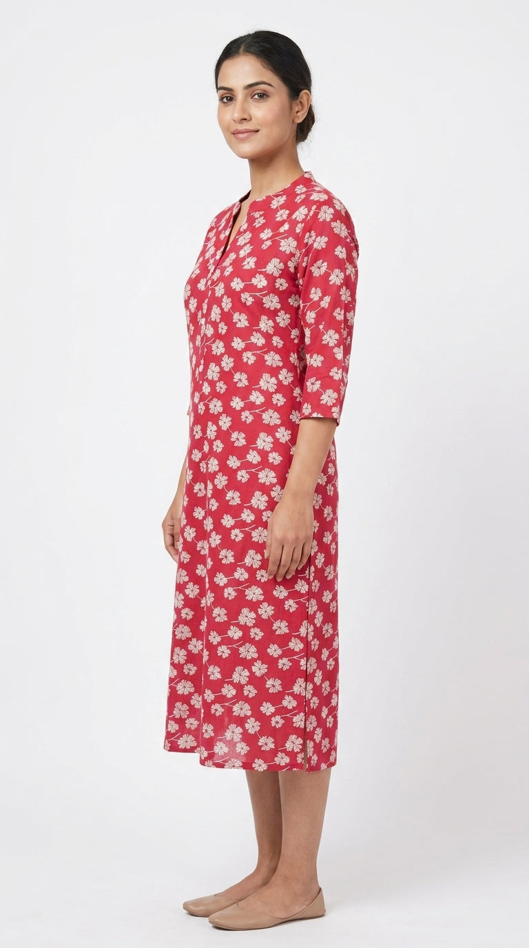 Red Floral Printed Rayon Kurti