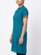 Teal Solid Casual Kurti with Mandarin Collar