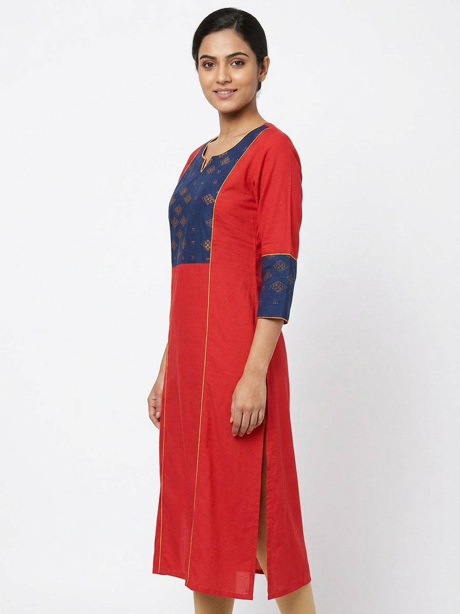 Red Printed Straight Kurti with Navy Yoke