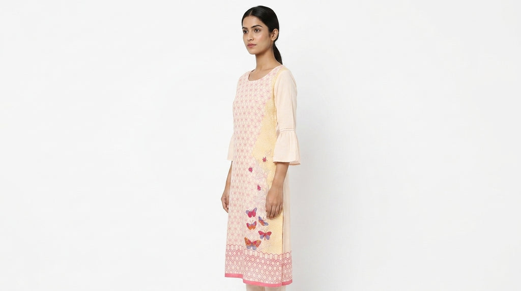 Cream Printed Kurti with Butterfly Design