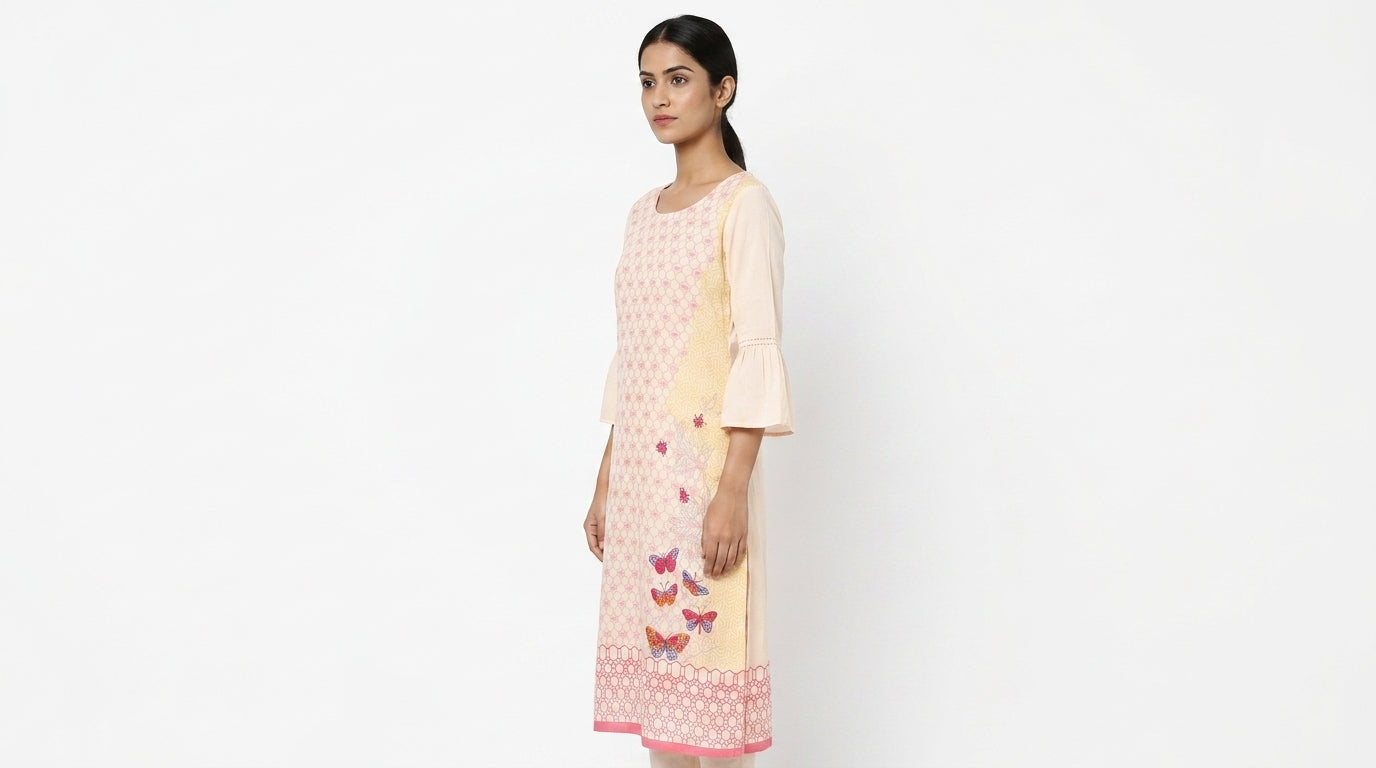 Cream Printed Kurti with Butterfly Design