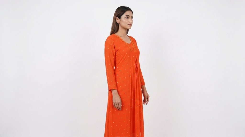 Orange Embellished Pleated Kurti