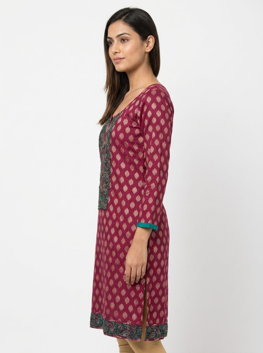 Women's Wine Printed Embellished Kurti