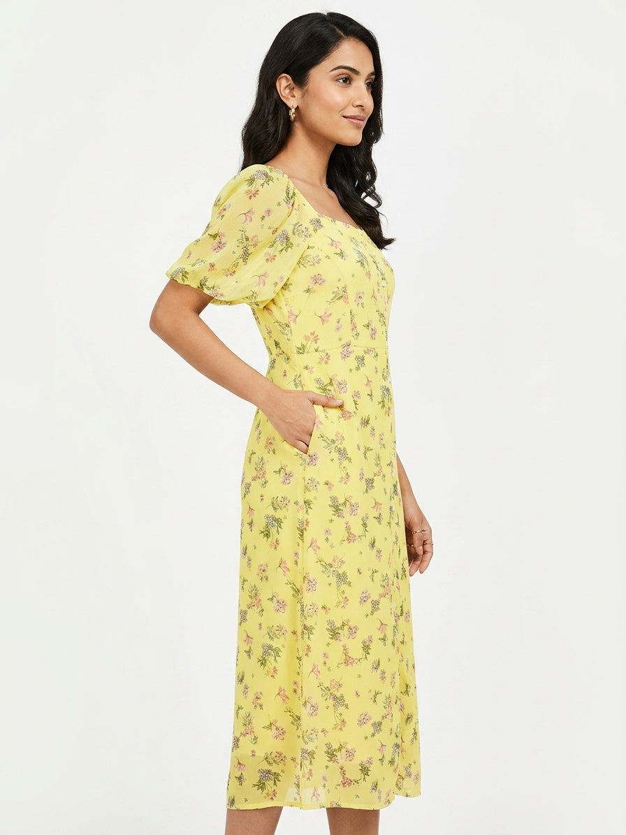 Yellow Floral Printed Square Neck Midi Dress