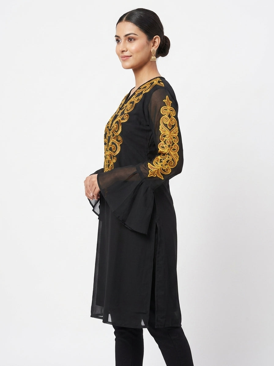 Black Embellished Straight Kurti with Bell Sleeves