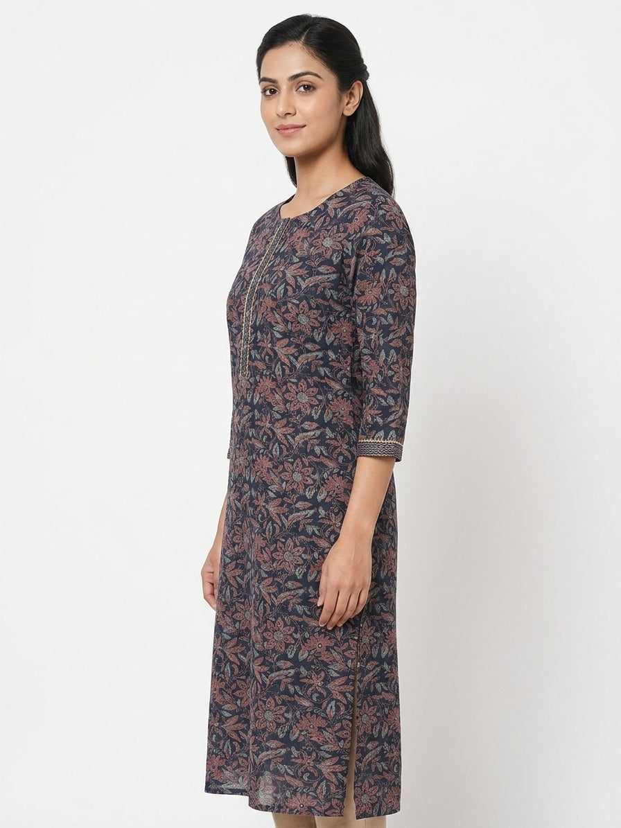 Navy Blue Floral Printed Straight Kurti