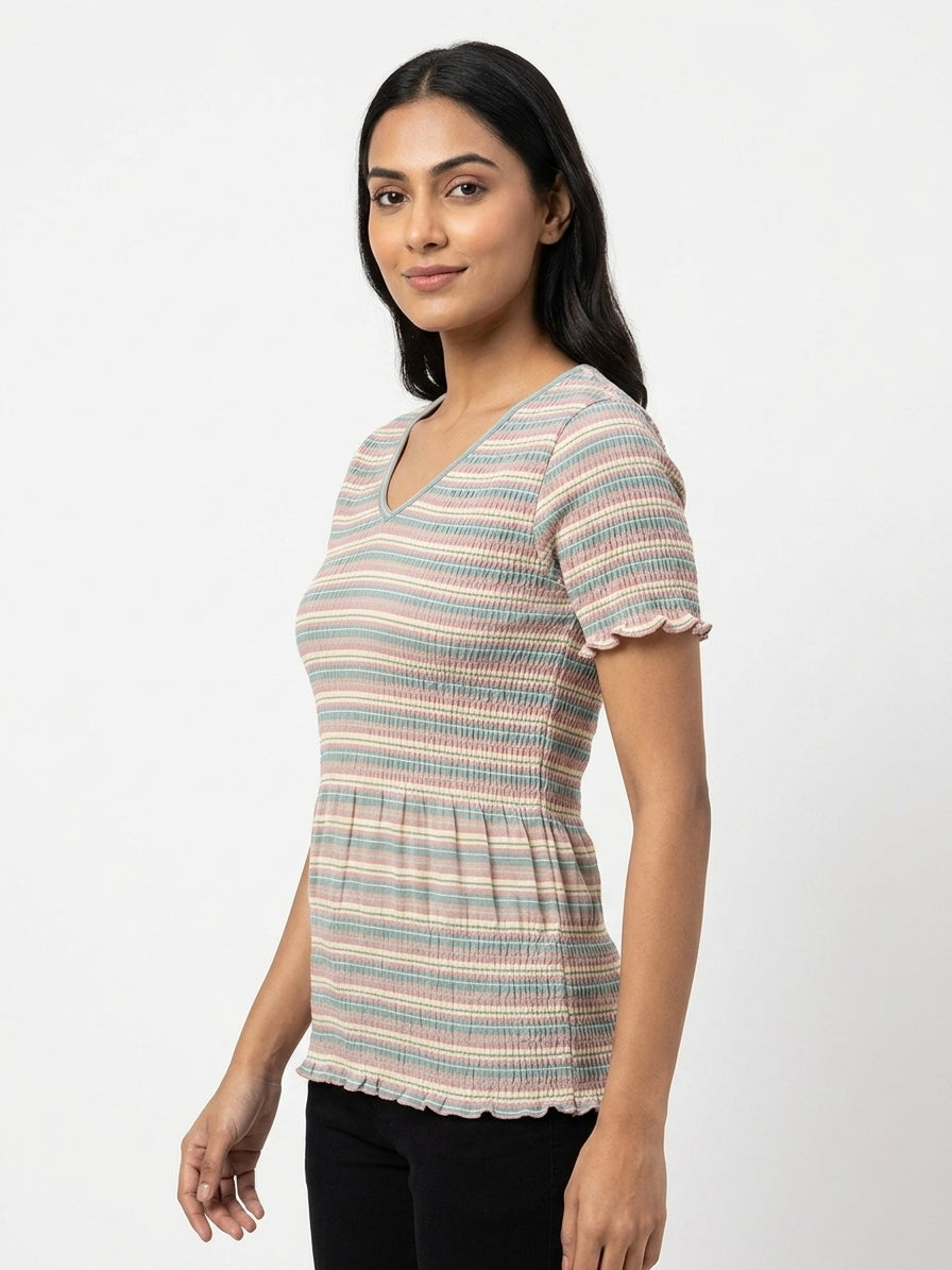 Women's Multi-Striped Smocked V-Neck Top