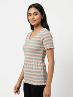 Women's Multi-Striped Smocked V-Neck Top