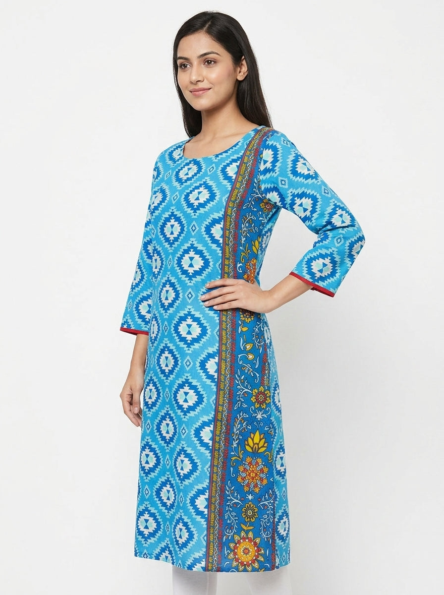 Women's Blue Ethnic Print Regular Fit Kurti
