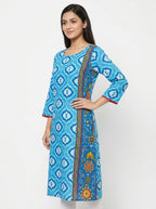 Women's Blue Ethnic Print Regular Fit Kurti