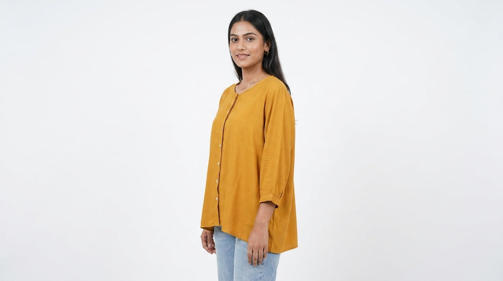 Mustard Solid Relaxed Fit Button-Front Top