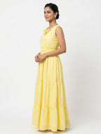 Yellow Embellished Tiered Flared Dress