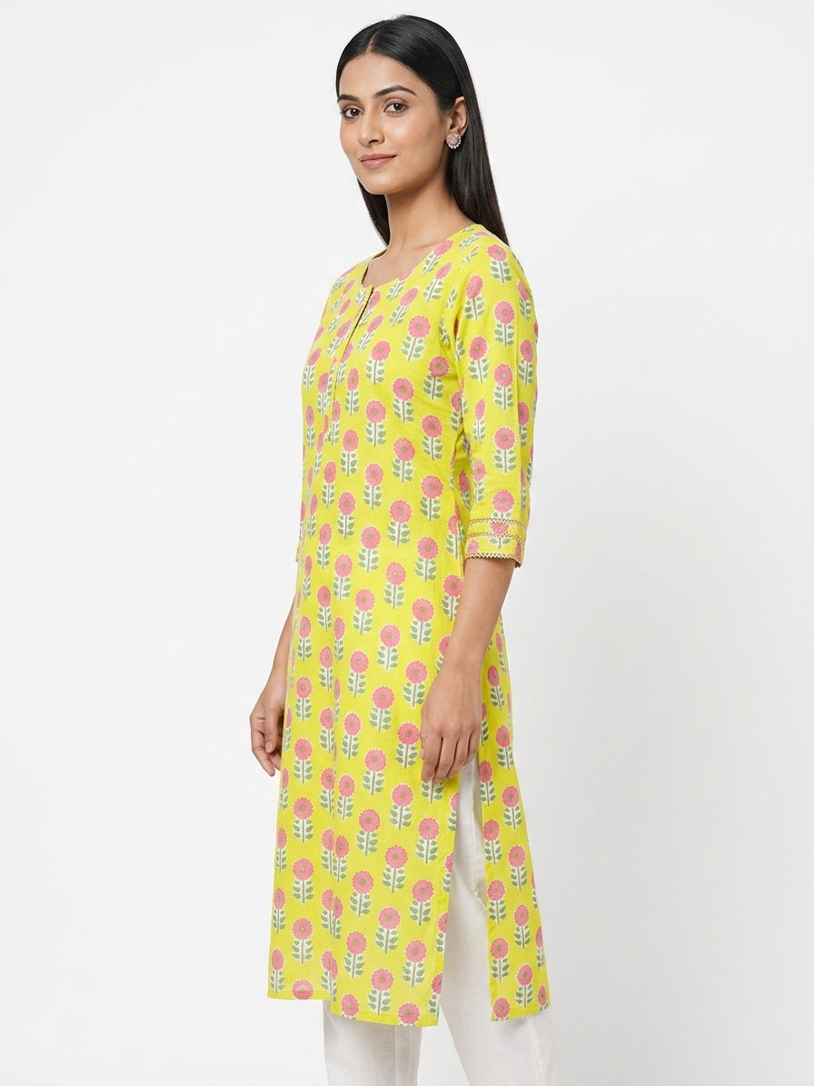 Lemon Floral Printed Cotton Kurti