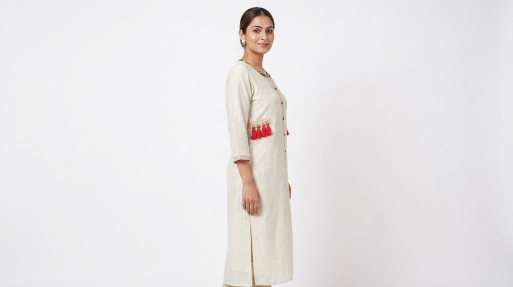 Off White Solid Viscose Kurti with Tassels