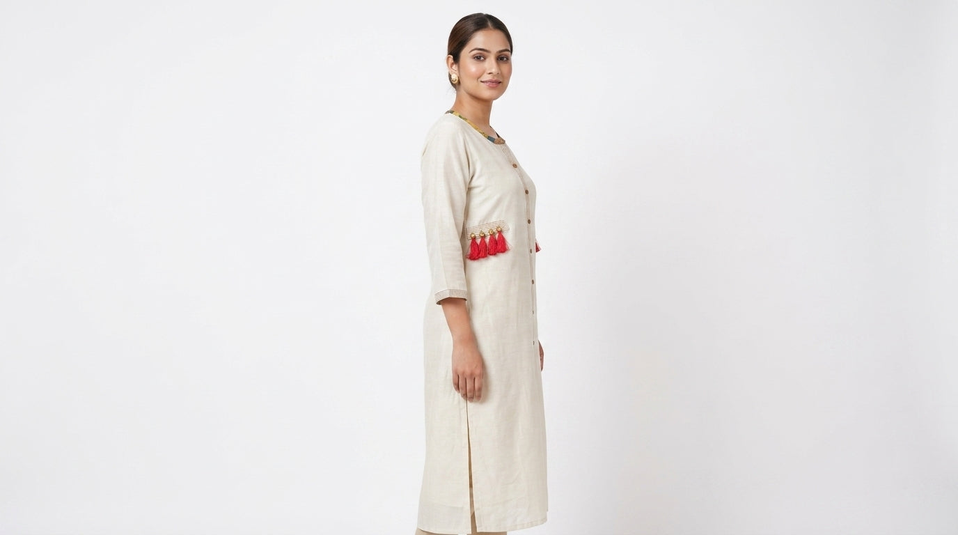 Off White Solid Viscose Kurti with Tassels