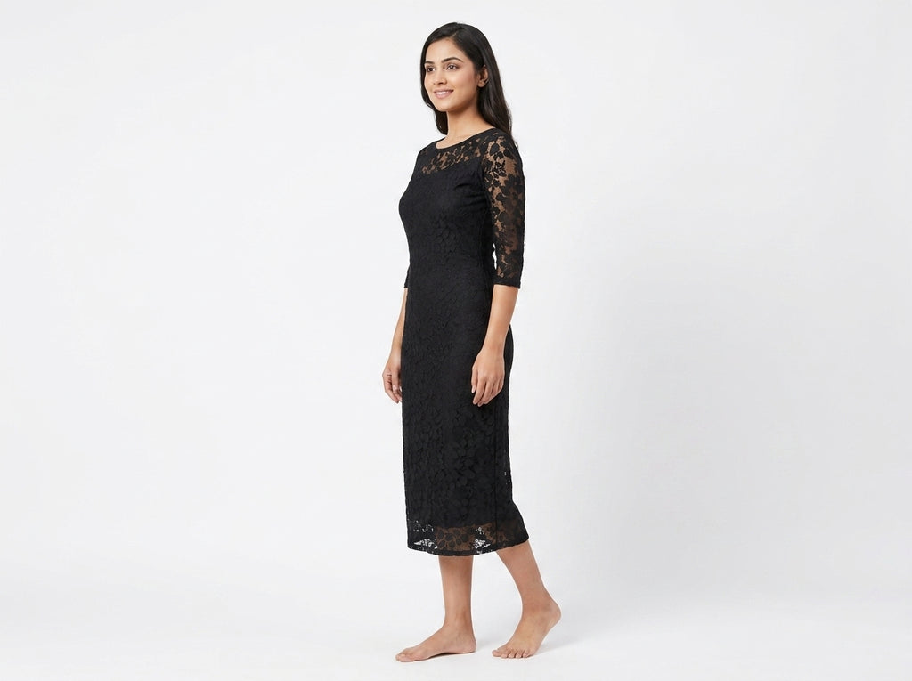 Women's Black Self Design Round Neck Midi Dress